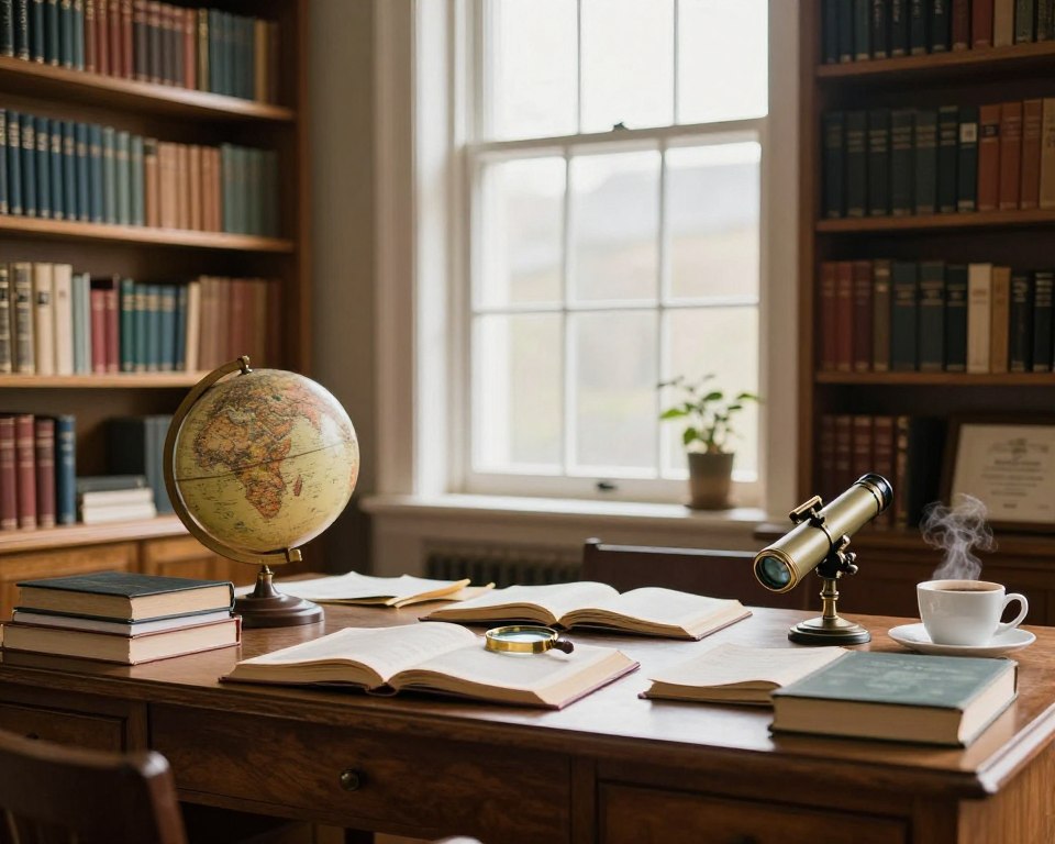In a cozy, well-lit study, wooden bookshelves filled with books on science, history, and technology dominate the foreground. A sturdy oak desk, scattered with open books and a vintage magnifying glass, sits in the middle, emphasizing intellectual exploration. A classic globe and a small, polished telescope hint at a passion for discovery, contributing to the scholarly atmosphere. The background features a large window, allowing soft, natural light to stream in, casting gentle shadows that create warmth. The mood is contemplative and inspiring, inviting viewers to dive into the world of knowledge. Subtle details like a steaming cup of coffee and a framed diploma add a personal touch, reinforcing the theme of personal growth through learning. In a cozy, well-lit study, wooden bookshelves filled with books on science, history, and technology dominate the foreground. A sturdy oak desk, scattered with open books and a vintage magnifying glass, sits in the middle, emphasizing intellectual exploration. A classic globe and a small, polished telescope hint at a passion for discovery, contributing to the scholarly atmosphere. The background features a large window, allowing soft, natural light to stream in, casting gentle shadows that create warmth. The mood is contemplative and inspiring, inviting viewers to dive into the world of knowledge. Subtle details like a steaming cup of coffee and a framed diploma add a personal touch, reinforcing the theme of personal growth through learning.