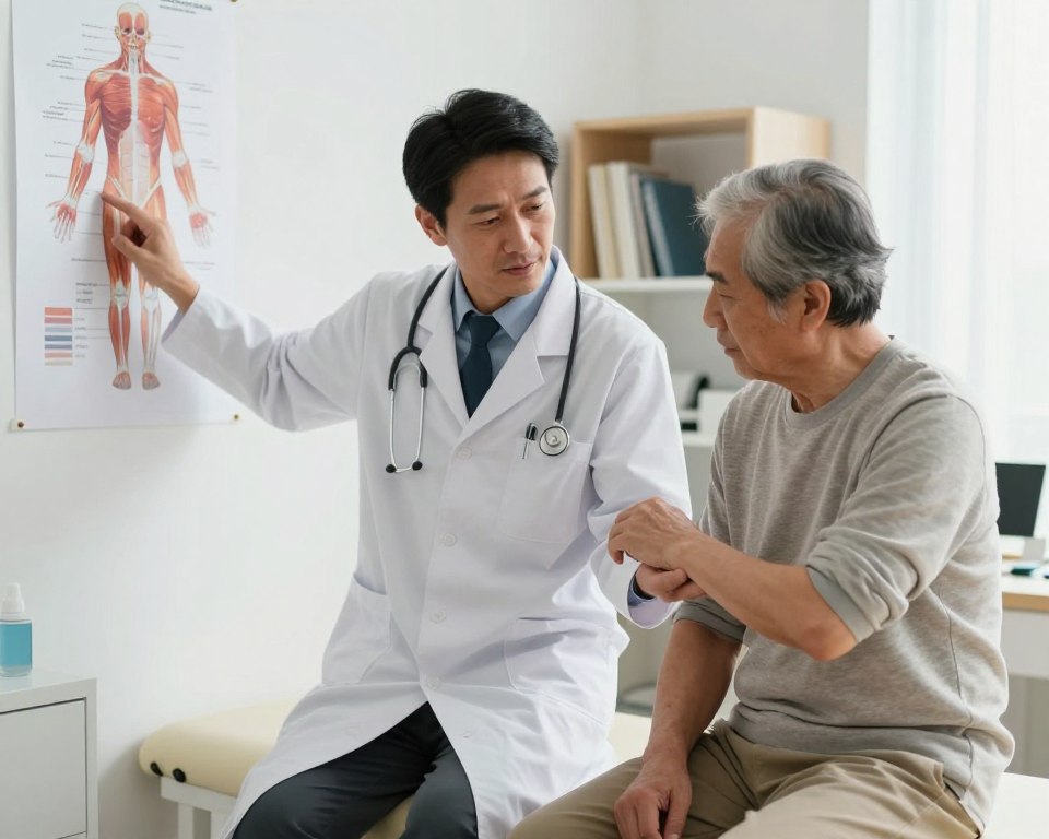 A caring doctor, dressed in a crisp white coat and smart business casual attire, consulting with a middle-aged patient in a well-lit, modern clinic. The doctor is pointing at an anatomical poster on the wall depicting muscle groups, explaining the causes of muscle soreness. The patient, looking concerned but attentive, is seated on an examination table, rubbing their forearm gently to illustrate their discomfort. In the background, shelves with medical books and equipment add a professional atmosphere. Soft, natural light filters in through a window, creating a warm and reassuring ambiance. The focus is on the interaction and concern for the patient's well-being, capturing a moment of empathy and professional advice.