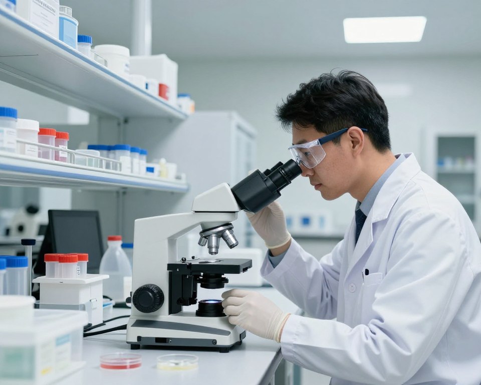 A clean and professional laboratory setting focused on a semen analysis process. In the foreground, a neatly organized laboratory workstation featuring a microscope, petri dishes, and various laboratory equipment. A well-dressed male scientist wearing a lab coat and safety goggles is carefully examining a sample under the microscope, displaying concentration and professionalism. The middle ground includes shelves filled with neatly labeled containers and scientific posters related to sperm analysis, enhancing the educational atmosphere. In the background, bright overhead fluorescent lights illuminate the space, creating a sterile and inviting environment. The overall mood conveys confidence and thoroughness, appropriate for discussing the topic of semen testing costs and locations. A clean and professional laboratory setting focused on a semen analysis process. In the foreground, a neatly organized laboratory workstation featuring a microscope, petri dishes, and various laboratory equipment. A well-dressed male scientist wearing a lab coat and safety goggles is carefully examining a sample under the microscope, displaying concentration and professionalism. The middle ground includes shelves filled with neatly labeled containers and scientific posters related to sperm analysis, enhancing the educational atmosphere. In the background, bright overhead fluorescent lights illuminate the space, creating a sterile and inviting environment. The overall mood conveys confidence and thoroughness, appropriate for discussing the topic of semen testing costs and locations.