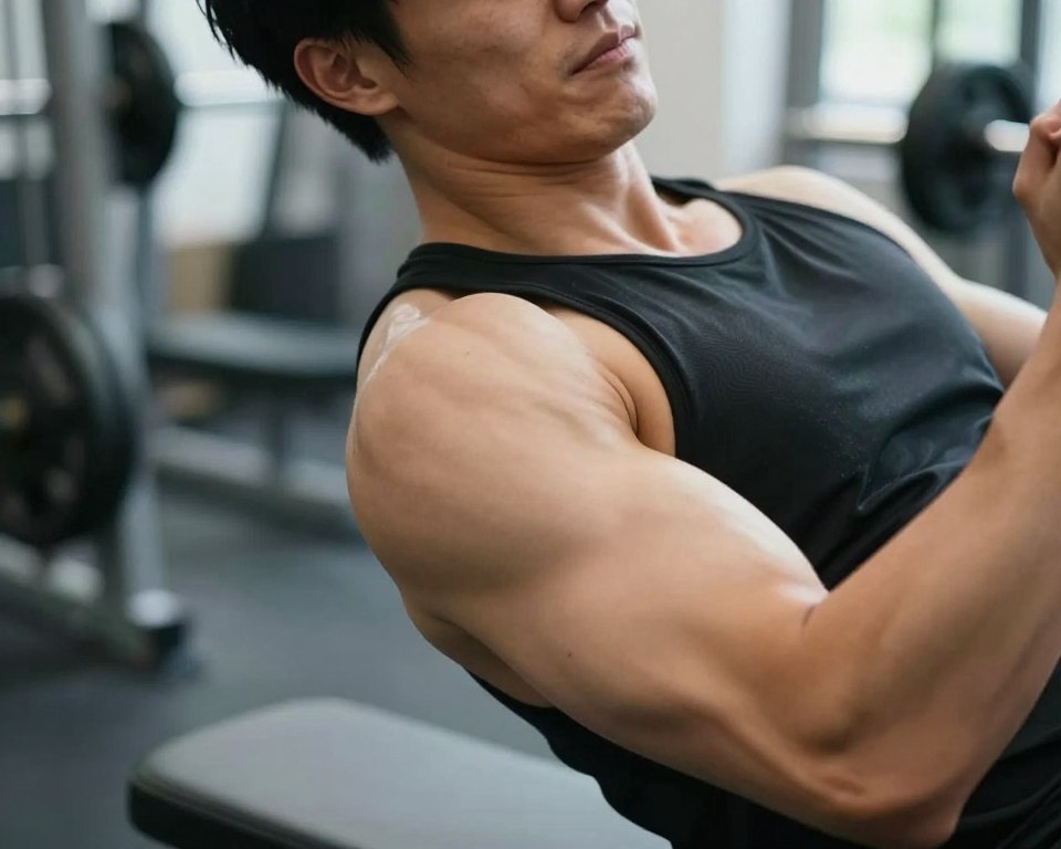 A close-up image of a person in professional athletic clothing, focusing on their shoulder muscles, highlighting tension and strain. The background features a blurred gym environment with weights and exercise equipment, emphasizing an intense training atmosphere. The lighting is bright yet soft, casting gentle shadows to accentuate the physical details of the shoulder area. The composition captures a slight grimace on the athlete's face, conveying discomfort while performing a pressing exercise. The angle is slightly tilted to emphasize the muscles' strain, creating a dynamic and engaging visual that effectively represents the theme of shoulder pain during bench pressing. A close-up image of a person in professional athletic clothing, focusing on their shoulder muscles, highlighting tension and strain. The background features a blurred gym environment with weights and exercise equipment, emphasizing an intense training atmosphere. The lighting is bright yet soft, casting gentle shadows to accentuate the physical details of the shoulder area. The composition captures a slight grimace on the athlete's face, conveying discomfort while performing a pressing exercise. The angle is slightly tilted to emphasize the muscles' strain, creating a dynamic and engaging visual that effectively represents the theme of shoulder pain during bench pressing.