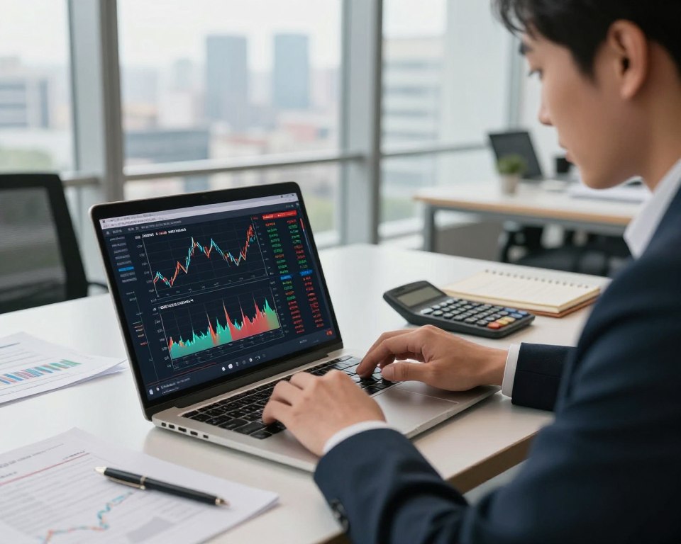 A close-up view of a confident business professional analyzing S&P 500 stock market data on a sleek laptop in a modern office setting. In the foreground, the professional, dressed in smart business attire, is intently focused on the screen, with graphs and stock performance indicators visible. The middle ground features a stylish desk cluttered with investment reports, a notepad, and a financial calculator, adding to the theme of strategic investment. In the background, large windows reveal a panoramic cityscape, symbolizing economic vigor. Soft, natural light streams in, creating a warm and motivational atmosphere. The mood is focused and optimistic, emphasizing the potential of investing in the S&P 500.