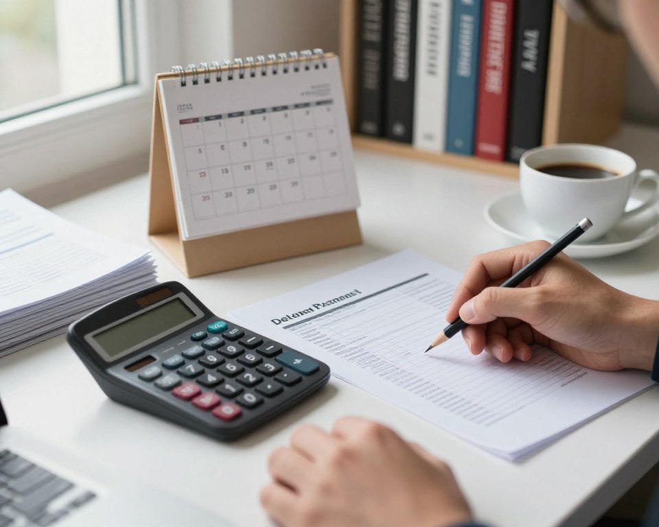 A close-up view of a neatly arranged desk, featuring a calculator, stacks of financial documents, and a cup of coffee, all bathed in soft, natural light coming from a nearby window. In the foreground, a hand holding a pencil is calculating delayed payment interest on a payslip. In the middle, a desktop calendar shows a marked overdue date, emphasizing urgency. In the background, shelves lined with books on finance and economics create a scholarly atmosphere. The overall mood is serious yet focused, reflecting the importance of managing salary delays. The scene is framed from a slightly elevated angle, creating an engaging, professional setting that conveys the theme of financial responsibility.