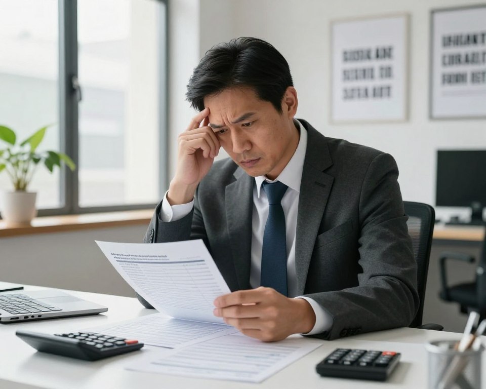 A concerned individual sitting at a desk in a modern office environment, with financial documents and a calculator spread out in front of them. The person, a middle-aged man in a professional business attire, appears deep in thought as he analyzes a paycheck statement that shows a discrepancy. The scene is well-lit, with natural light streaming through a large window in the background, casting soft shadows. The walls are adorned with motivational quotes about financial stability. A potted plant adds a touch of greenery to the scene, enhancing the atmosphere of contemplation and problem-solving. The overall mood is one of concern but also determination to find a solution.