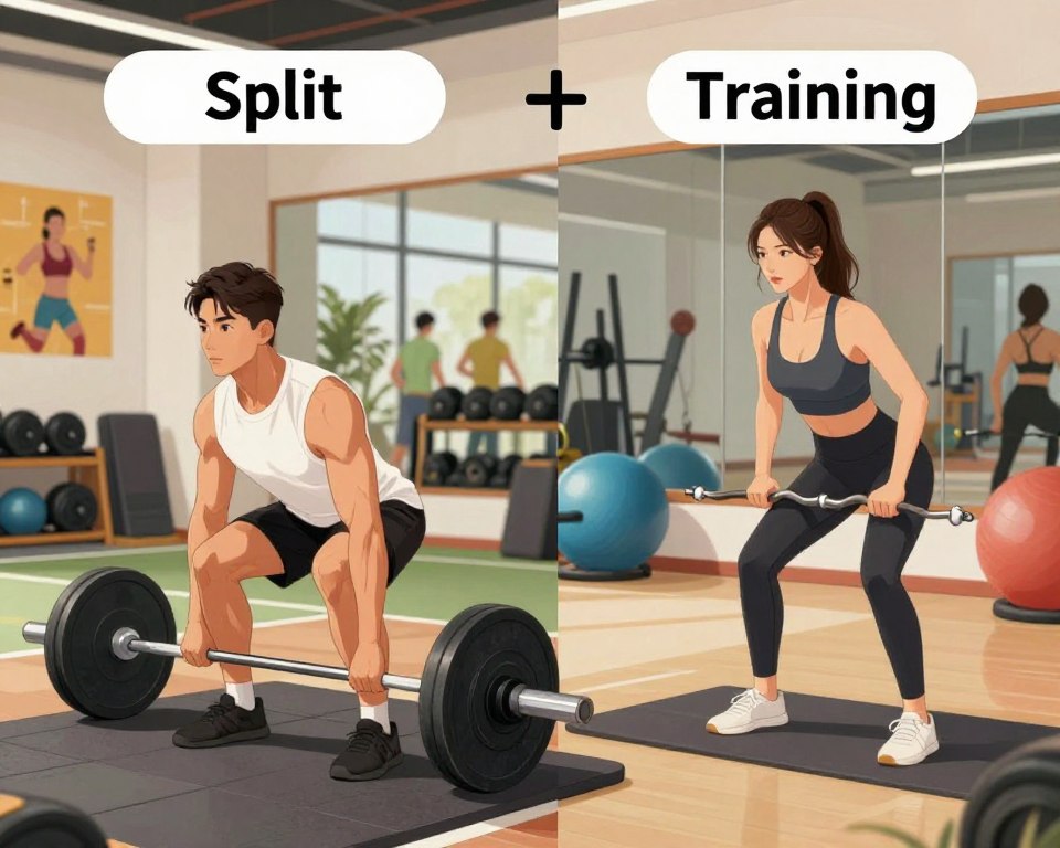 A detailed illustration contrasting the advantages and disadvantages of Split Training. In the foreground, depict a split-screen design: on one side, a well-defined male athlete performing a deadlift, focused and determined, dressed in professional workout attire. On the other side, a female athlete engaging in a cable row, exuding confidence and strength, also in appropriate gym clothing. In the middle ground, include a vibrant gym environment with weights, stability balls, and mirrors reflecting both athletes. The background should show motivational posters about training. Use soft, natural lighting to create an inviting atmosphere, with a slight focus on the athletes to highlight their dedication. Aim for a balanced composition that visually communicates the contrast between benefits and drawbacks of split training. A detailed illustration contrasting the advantages and disadvantages of Split Training. In the foreground, depict a split-screen design: on one side, a well-defined male athlete performing a deadlift, focused and determined, dressed in professional workout attire. On the other side, a female athlete engaging in a cable row, exuding confidence and strength, also in appropriate gym clothing. In the middle ground, include a vibrant gym environment with weights, stability balls, and mirrors reflecting both athletes. The background should show motivational posters about training. Use soft, natural lighting to create an inviting atmosphere, with a slight focus on the athletes to highlight their dedication. Aim for a balanced composition that visually communicates the contrast between benefits and drawbacks of split training.