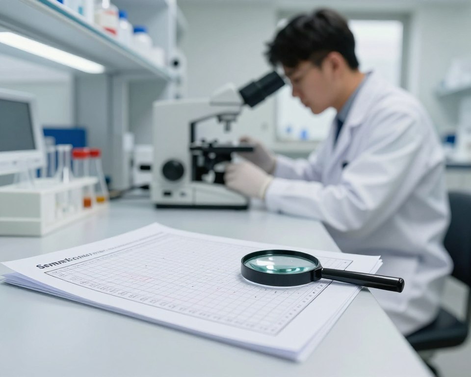 A detailed laboratory setting showcasing a professional environment for semen analysis. In the foreground, a clear and informative seminogram chart is placed on a clean, white desk, with a magnifying glass beside it, emphasizing the intricate details of the analysis. The middle ground features a laboratory technician dressed in a white lab coat, intently inspecting the results under bright, focused lighting, conveying a sense of professionalism and precision. In the background, shelves filled with scientific equipment and glassware gently blurred to maintain focus on the technician and the chart. Soft, natural light filters in through a nearby window, creating a calm and sterile atmosphere, ideal for a medical examination.