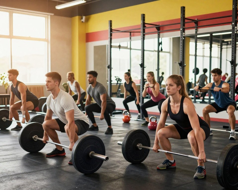 A dynamic fitness scene illustrating the benefits of resistance training and muscle adaptation. In the foreground, a diverse group of athletes engaged in compound exercises, such as squats and deadlifts, showcasing a blend of strength and focus. Each individual is wearing professional workout attire, reflecting determination and effort. The middle ground features weightlifting equipment, such as barbells and kettlebells, emphasizing the importance of strength training. In the background, a spacious, well-lit gym environment with vibrant colors and modern design elements, enhancing the energetic atmosphere. Soft, natural lighting cascades through large windows, creating a warm and inviting ambiance. Capture the intensity and motivation in their expressions while conveying the theme of muscle growth and adaptation through hard work.
