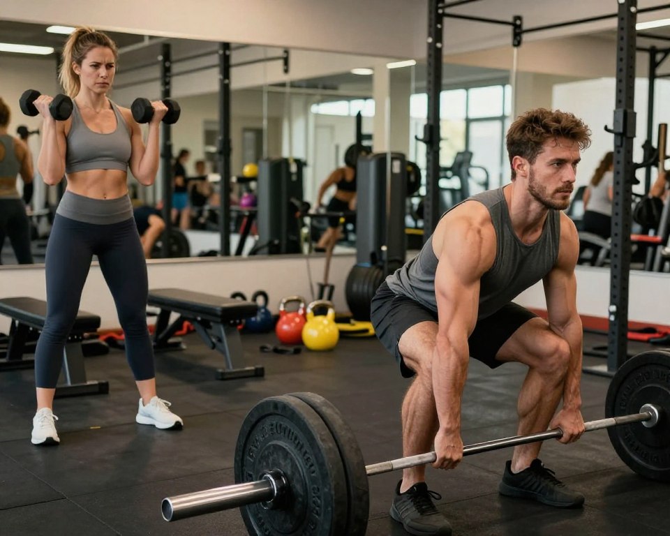 A dynamic gym scene showcasing the contrast between compound exercises and isolation workouts. In the foreground, a muscular man in a fitted tank top performs a deadlift, focusing on his strong posture and engaged muscles, lifting a heavy barbell. To the left, a woman in modest athletic wear is seen performing bicep curls with dumbbells, her concentration illustrated by her furrowed brow. The middle ground features various gym equipment like benches, kettlebells, and resistance bands, creating an active atmosphere. The background has a large mirror reflecting the gym's hustle, with soft, warm lighting to evoke motivation and intensity. The camera angle captures the subjects from a low perspective, emphasizing their strength and determination, while the overall mood is energetic and inspiring.