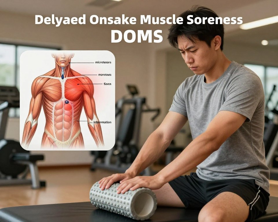 A dynamic illustration depicting the factors behind Delayed Onset Muscle Soreness (DOMS). In the foreground, show a person in professional athletic wear, stretching and looking mildly uncomfortable while holding a foam roller, representing post-workout muscle care. In the middle layer, include anatomical diagrams of muscles with highlighted areas to indicate soreness; overlay subtle labels like "microtears" and "inflammation." The background features a gym setting with soft lighting that creates a warm atmosphere, emphasizing recovery after exercise. Use a shallow depth of field to keep the focus on the subject and the muscle diagrams while subtly blurring the gym equipment. The overall mood should convey a sense of education and awareness, capturing the essence of understanding muscle recovery.