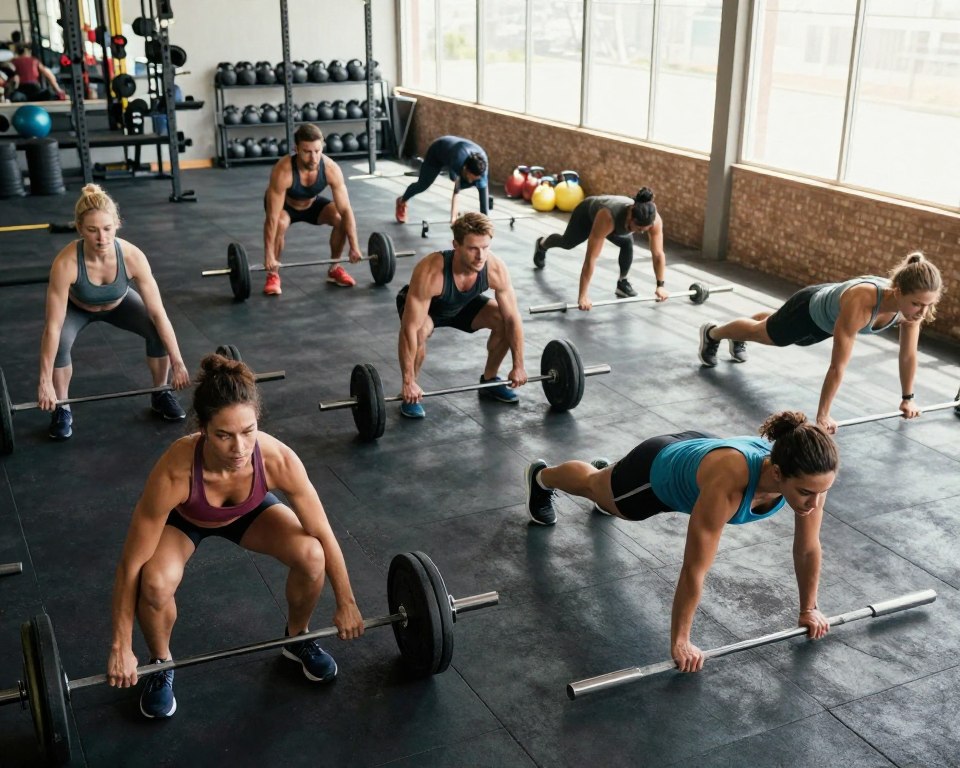A dynamic scene illustrating the benefits of Full Body Workouts (FBW) in a spacious gym environment. In the foreground, a diverse group of individuals, including men and women of various ethnicities, are engaging in FBW exercises. They are dressed in professional athletic attire, showcasing movements like squats, deadlifts, and push-ups, emphasizing strength and flexibility. In the middle ground, gym equipment is organized neatly, with weights and kettlebells, giving the ambiance of an active training session. The background displays bright natural light streaming through large windows, highlighting the energetic atmosphere. The angle captures the scene from slightly above, providing a sense of inclusion and motivation. Aim for a vibrant color palette to convey enthusiasm and energy, while maintaining a focused and professional mood. A dynamic scene illustrating the benefits of Full Body Workouts (FBW) in a spacious gym environment. In the foreground, a diverse group of individuals, including men and women of various ethnicities, are engaging in FBW exercises. They are dressed in professional athletic attire, showcasing movements like squats, deadlifts, and push-ups, emphasizing strength and flexibility. In the middle ground, gym equipment is organized neatly, with weights and kettlebells, giving the ambiance of an active training session. The background displays bright natural light streaming through large windows, highlighting the energetic atmosphere. The angle captures the scene from slightly above, providing a sense of inclusion and motivation. Aim for a vibrant color palette to convey enthusiasm and energy, while maintaining a focused and professional mood.
