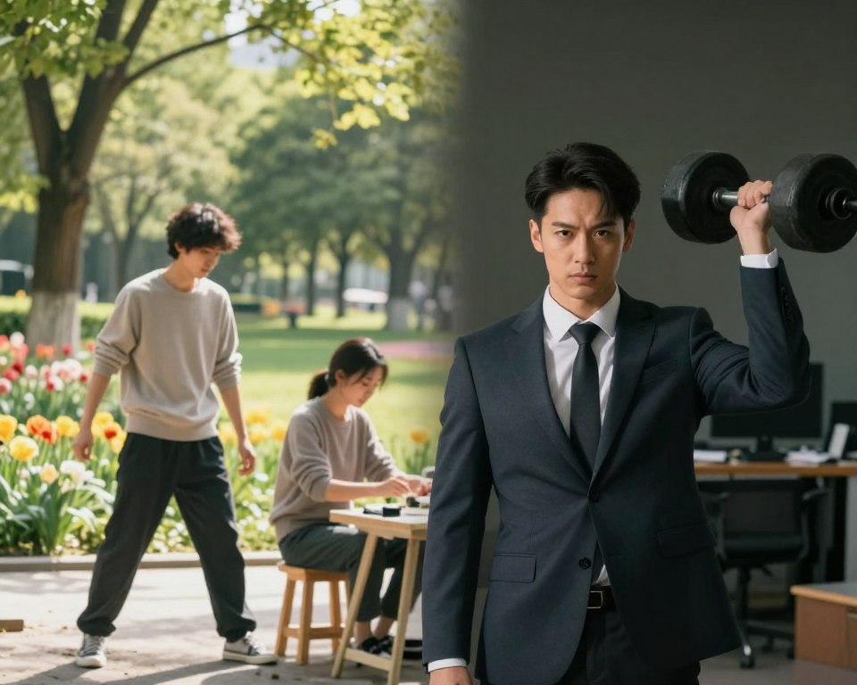 A dynamic split-image composition illustrating the contrast between willpower and habit. In the foreground, a determined individual in professional business attire stands confidently, with a focused expression, symbolizing willpower. On one side, the person is lifting a heavy weight, representing struggle and effort. In the middle, a serene figure in comfortable, modest casual clothing engages in a repetitive task, like painting or gardening, embodying habit and routine. The background showcases a calming environment—half a bright, sunlit park filled with trees and vibrant flowers, and half a shadowy, cluttered workspace, symbolizing internal conflict. Soft, natural lighting enhances the atmosphere, with a lens effect that focuses on the figures while blurring the surroundings, creating a contemplative mood. A dynamic split-image composition illustrating the contrast between willpower and habit. In the foreground, a determined individual in professional business attire stands confidently, with a focused expression, symbolizing willpower. On one side, the person is lifting a heavy weight, representing struggle and effort. In the middle, a serene figure in comfortable, modest casual clothing engages in a repetitive task, like painting or gardening, embodying habit and routine. The background showcases a calming environment—half a bright, sunlit park filled with trees and vibrant flowers, and half a shadowy, cluttered workspace, symbolizing internal conflict. Soft, natural lighting enhances the atmosphere, with a lens effect that focuses on the figures while blurring the surroundings, creating a contemplative mood.