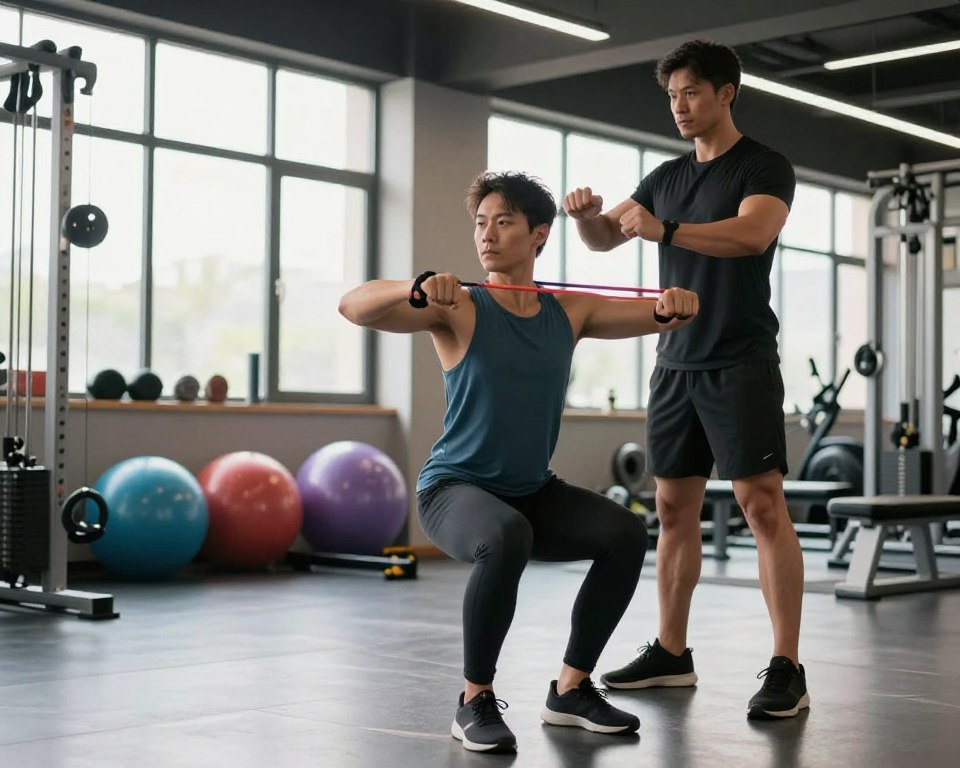 A fitness coach demonstrating shoulder exercises in a well-lit gym environment. In the foreground, the coach, dressed in professional athletic wear, is performing a shoulder mobility stretch with a resistance band, showcasing proper form. In the middle ground, a variety of exercise equipment such as weights and stability balls are arranged neatly. The background features large windows that let in natural light, casting a soft glow over the scene. The overall mood is motivational and focused, highlighting the importance of shoulder health. The angle captures the coach from a slightly low viewpoint, emphasizing the dynamic movement of the exercise while ensuring clarity and detail in the surroundings. A fitness coach demonstrating shoulder exercises in a well-lit gym environment. In the foreground, the coach, dressed in professional athletic wear, is performing a shoulder mobility stretch with a resistance band, showcasing proper form. In the middle ground, a variety of exercise equipment such as weights and stability balls are arranged neatly. The background features large windows that let in natural light, casting a soft glow over the scene. The overall mood is motivational and focused, highlighting the importance of shoulder health. The angle captures the coach from a slightly low viewpoint, emphasizing the dynamic movement of the exercise while ensuring clarity and detail in the surroundings.