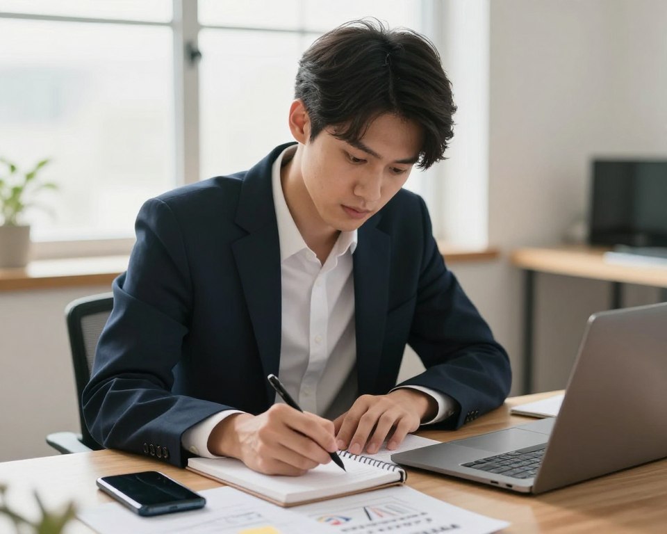 A focused and serene individual, dressed in professional business attire, sits at a well-organized desk surrounded by an array of potential distractions like a smartphone, a cluttered desk, and an open laptop. The foreground highlights their intense concentration on a notebook, where they jot down goals and strategies. In the middle ground, a soft-focus background shows a window with bright natural light streaming in, symbolizing clarity and focus. The atmosphere is calm yet determined, with warm lighting enhancing the mood of self-discipline and resilience against distractions. The angle captures the subject from a slightly elevated perspective, emphasizing their commitment to overcoming adversities. The image embodies the essence of battling disarray with intention and self-control. A focused and serene individual, dressed in professional business attire, sits at a well-organized desk surrounded by an array of potential distractions like a smartphone, a cluttered desk, and an open laptop. The foreground highlights their intense concentration on a notebook, where they jot down goals and strategies. In the middle ground, a soft-focus background shows a window with bright natural light streaming in, symbolizing clarity and focus. The atmosphere is calm yet determined, with warm lighting enhancing the mood of self-discipline and resilience against distractions. The angle captures the subject from a slightly elevated perspective, emphasizing their commitment to overcoming adversities. The image embodies the essence of battling disarray with intention and self-control.