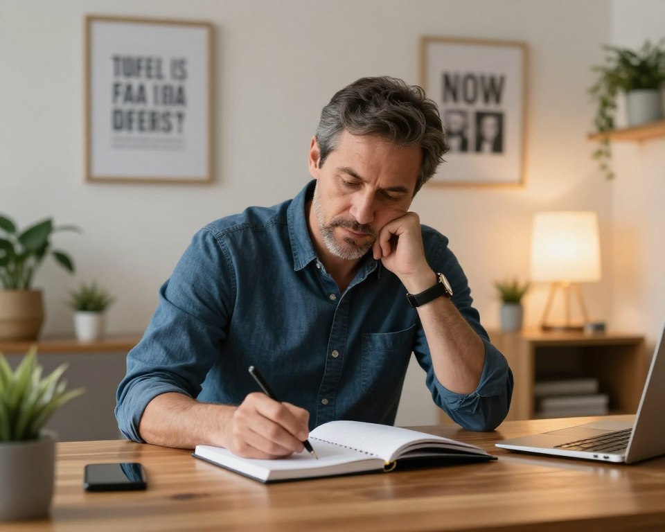 A focused middle-aged man dressed in smart casual attire, sitting at a polished wooden desk, diligently writing in a notebook. He has a thoughtful expression, symbolizing self-discipline and determination. The background features a well-organized home office with motivational quotes on the walls, plants, and a warm lamp casting soft light, creating a cozy atmosphere. The scene is captured with a shallow depth of field, emphasizing the man in the foreground while slightly blurring the inspirational elements behind him. The overall mood is one of calm focus and personal growth, highlighting the importance of self-discipline in a man's life. A focused middle-aged man dressed in smart casual attire, sitting at a polished wooden desk, diligently writing in a notebook. He has a thoughtful expression, symbolizing self-discipline and determination. The background features a well-organized home office with motivational quotes on the walls, plants, and a warm lamp casting soft light, creating a cozy atmosphere. The scene is captured with a shallow depth of field, emphasizing the man in the foreground while slightly blurring the inspirational elements behind him. The overall mood is one of calm focus and personal growth, highlighting the importance of self-discipline in a man's life.