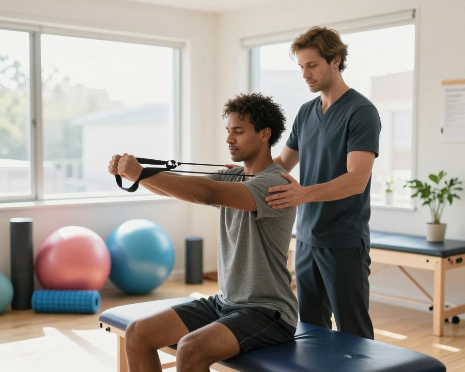 A focused physiotherapist in a bright, modern clinic, demonstrating therapeutic exercises for shoulder pain relief. In the foreground, a diverse male patient in casual athletic wear performs a resistance band exercise under the therapist's guidance. The physiotherapist, wearing professional attire, exhibits a supportive stance, emphasizing proper technique. In the middle ground, a set of exercise equipment like therapy balls and foam rollers is arranged neatly, illustrating the resources available for rehabilitation. The background features large windows allowing natural light to flood the space, creating a warm and inviting atmosphere. Soft shadows enhance the serene mood, while the depth of field emphasizes the interaction between therapist and patient, highlighting the importance of physiotherapy in shoulder pain management. A focused physiotherapist in a bright, modern clinic, demonstrating therapeutic exercises for shoulder pain relief. In the foreground, a diverse male patient in casual athletic wear performs a resistance band exercise under the therapist's guidance. The physiotherapist, wearing professional attire, exhibits a supportive stance, emphasizing proper technique. In the middle ground, a set of exercise equipment like therapy balls and foam rollers is arranged neatly, illustrating the resources available for rehabilitation. The background features large windows allowing natural light to flood the space, creating a warm and inviting atmosphere. Soft shadows enhance the serene mood, while the depth of field emphasizes the interaction between therapist and patient, highlighting the importance of physiotherapy in shoulder pain management.