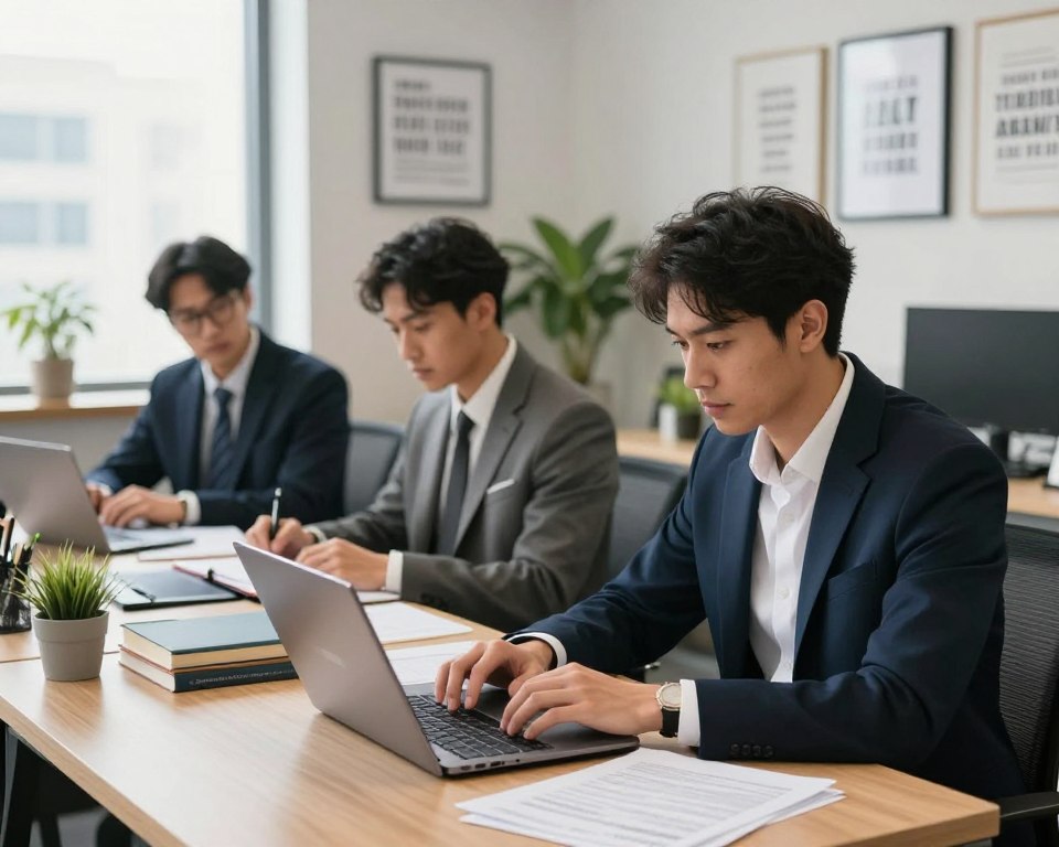 A focused workspace featuring a diverse group of men, dressed in professional attire, engaged in various activities that embody self-discipline in work and study. In the foreground, one man is intently working on a laptop, surrounded by organized documents and books, showcasing concentration. In the middle ground, another man is studying with a notepad, reflecting determination, while a third is discussing ideas with a colleague. The background features a well-lit office space with motivational quotes framed on the walls, plants for a fresh feel, and a view of a cityscape from a large window. The atmosphere is inspiring and encouraging, with soft natural light illuminating the scene, emphasizing focus and productivity. A focused workspace featuring a diverse group of men, dressed in professional attire, engaged in various activities that embody self-discipline in work and study. In the foreground, one man is intently working on a laptop, surrounded by organized documents and books, showcasing concentration. In the middle ground, another man is studying with a notepad, reflecting determination, while a third is discussing ideas with a colleague. The background features a well-lit office space with motivational quotes framed on the walls, plants for a fresh feel, and a view of a cityscape from a large window. The atmosphere is inspiring and encouraging, with soft natural light illuminating the scene, emphasizing focus and productivity.