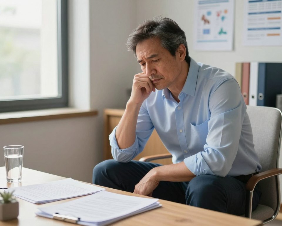 A mature man in his 40s sits pensively in a well-lit, modern office environment, reflecting on the symptoms of andropause. He appears thoughtful and slightly weary, dressed in business casual attire, such as a light blue shirt and dark slacks. In the foreground, a desk is cluttered with documents and a glass of water, symbolizing stress and health concerns. The middle ground features a comfortable chair and a window with natural light streaming in, casting a warm glow on the scene. In the background, subtle hints of medical charts and well-organized health books represent research on male menopause. The overall atmosphere is contemplative, emphasizing the seriousness of the topic while maintaining a professional tone. A mature man in his 40s sits pensively in a well-lit, modern office environment, reflecting on the symptoms of andropause. He appears thoughtful and slightly weary, dressed in business casual attire, such as a light blue shirt and dark slacks. In the foreground, a desk is cluttered with documents and a glass of water, symbolizing stress and health concerns. The middle ground features a comfortable chair and a window with natural light streaming in, casting a warm glow on the scene. In the background, subtle hints of medical charts and well-organized health books represent research on male menopause. The overall atmosphere is contemplative, emphasizing the seriousness of the topic while maintaining a professional tone.