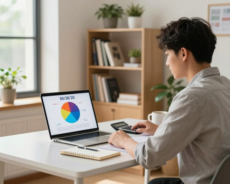 A modern home office scene illustrating the concept of budget management in daily life, featuring a young professional in smart casual attire, seated at a sleek desk. In the foreground, there's a laptop displaying a colorful pie chart symbolizing the 50/30/20 budget strategy. Scattered on the desk are notepads, a calculator, and a coffee mug. The middle ground showcases a well-organized bookshelf filled with finance books and potted plants for a touch of greenery. The background includes large windows with soft natural light streaming in, creating a warm and productive atmosphere. The overall mood conveys focus and empowerment, emphasizing effective money management in everyday settings.