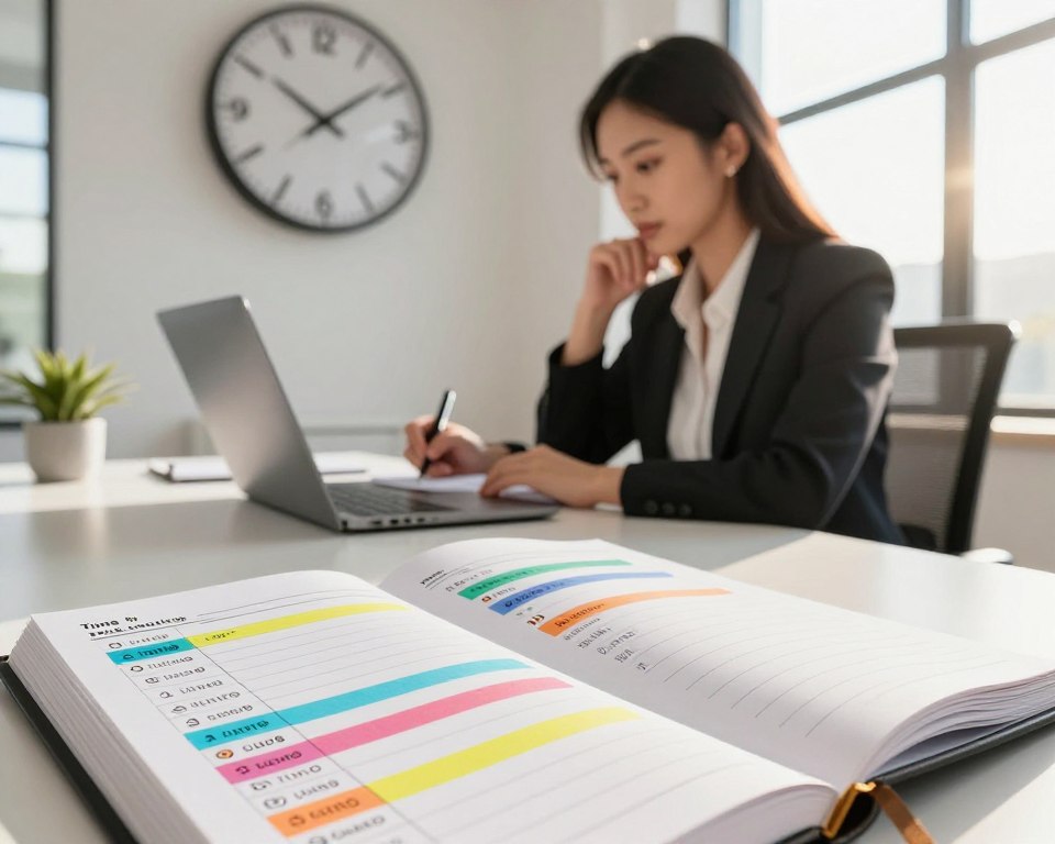 A modern office setting where a professional woman is engaged in time blocking, sitting at a sleek, minimalist desk with a laptop open in front of her. In the foreground, a close-up view of a planner filled with colorful time blocks, highlighted with different tasks and time slots. The middle ground features the woman, dressed in smart business attire, thoughtfully jotting down notes. The background displays a large wall clock, emphasizing the passage of time, alongside a window revealing a bright, sunny day outside. Soft, natural lighting filters in, creating an inspiring and focused atmosphere, while the colors are warm and inviting, reflecting productivity and organization. A modern office setting where a professional woman is engaged in time blocking, sitting at a sleek, minimalist desk with a laptop open in front of her. In the foreground, a close-up view of a planner filled with colorful time blocks, highlighted with different tasks and time slots. The middle ground features the woman, dressed in smart business attire, thoughtfully jotting down notes. The background displays a large wall clock, emphasizing the passage of time, alongside a window revealing a bright, sunny day outside. Soft, natural lighting filters in, creating an inspiring and focused atmosphere, while the colors are warm and inviting, reflecting productivity and organization.