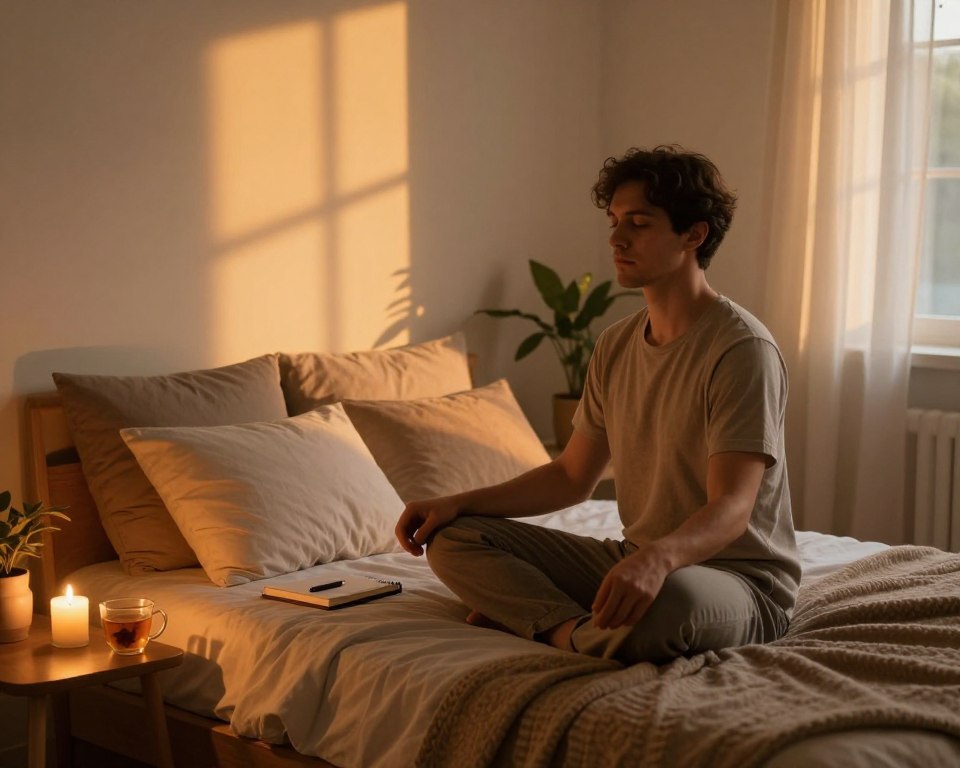A peaceful bedroom scene at dusk, featuring a cozy bed with soft, inviting pillows and a warm blanket. On one side, a man in modest, casual clothing sits cross-legged on the bed, practicing deep breathing or meditation, with a serene expression. Next to him, a small side table holds a lit candle, a cup of herbal tea, and a journal with a pen. The warm, ambient light creates a calming atmosphere, enhancing the relaxation techniques being practiced. In the background, gentle shadows of plants and soft curtains flutter slightly in a light breeze. The soft golden glow of the setting sun filters through the window, adding to the tranquility of the scene, ideal for winding down before sleep. A peaceful bedroom scene at dusk, featuring a cozy bed with soft, inviting pillows and a warm blanket. On one side, a man in modest, casual clothing sits cross-legged on the bed, practicing deep breathing or meditation, with a serene expression. Next to him, a small side table holds a lit candle, a cup of herbal tea, and a journal with a pen. The warm, ambient light creates a calming atmosphere, enhancing the relaxation techniques being practiced. In the background, gentle shadows of plants and soft curtains flutter slightly in a light breeze. The soft golden glow of the setting sun filters through the window, adding to the tranquility of the scene, ideal for winding down before sleep.