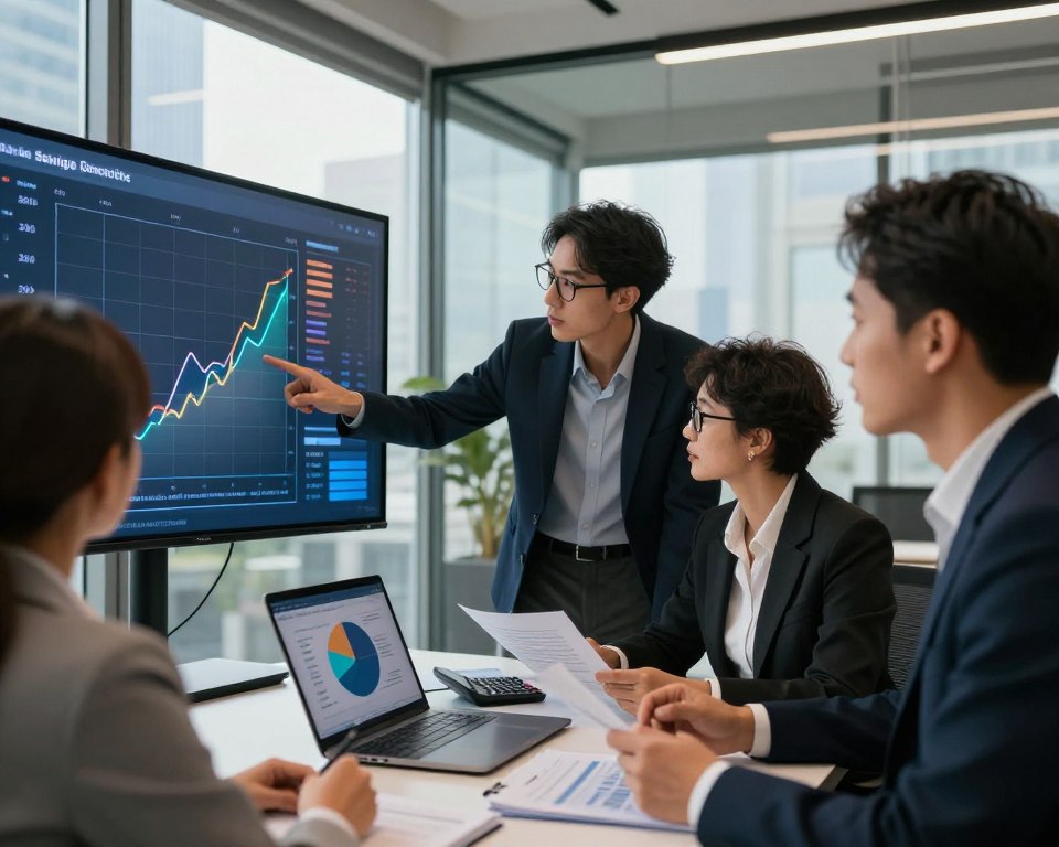 A professional business environment showing a diverse group of individuals in smart attire, discussing financial strategies. In the foreground, a middle-aged woman points to a large interactive graph on a digital screen, illustrating timelines of savings and investment influences. In the middle ground, a young man with glasses reviews financial documents and a calculator on a sleek desk, while a laptop displays a pie chart of investment allocation. The background features a modern office with glass walls and cityscape views, bathed in warm natural light. The atmosphere is focused and collaborative, emphasizing the analysis of saving time and investment impacts for financial independence. A professional business environment showing a diverse group of individuals in smart attire, discussing financial strategies. In the foreground, a middle-aged woman points to a large interactive graph on a digital screen, illustrating timelines of savings and investment influences. In the middle ground, a young man with glasses reviews financial documents and a calculator on a sleek desk, while a laptop displays a pie chart of investment allocation. The background features a modern office with glass walls and cityscape views, bathed in warm natural light. The atmosphere is focused and collaborative, emphasizing the analysis of saving time and investment impacts for financial independence.