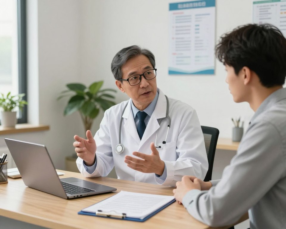A professional consultation scene in a doctor's office featuring an andrologist and a patient discussing health concerns. The foreground includes a wooden desk with medical tools and a laptop opened to health information. The middle ground shows the andrologist, a middle-aged male in a white coat and glasses, gesturing confidently while speaking to the patient, a young adult male in professional business attire. The background features medical charts on the wall and a plant in a corner, creating a calming atmosphere. Soft, ambient lighting illuminates the room, suggesting a sense of trust and professionalism. The camera angle is slightly elevated, giving a comprehensive view of the interaction and the comfortable setting. A professional consultation scene in a doctor's office featuring an andrologist and a patient discussing health concerns. The foreground includes a wooden desk with medical tools and a laptop opened to health information. The middle ground shows the andrologist, a middle-aged male in a white coat and glasses, gesturing confidently while speaking to the patient, a young adult male in professional business attire. The background features medical charts on the wall and a plant in a corner, creating a calming atmosphere. Soft, ambient lighting illuminates the room, suggesting a sense of trust and professionalism. The camera angle is slightly elevated, giving a comprehensive view of the interaction and the comfortable setting.