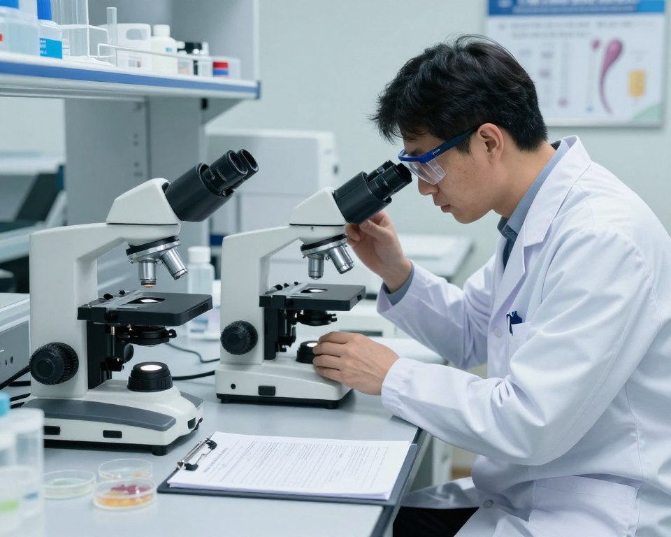 A professional laboratory setting showcasing a sperm analysis lab. In the foreground, a polished lab bench with essential tools: a microscope, petri dishes, and a clipboard with a clearly visible semen analysis report. In the middle, a scientist in a white lab coat, wearing safety goggles, is carefully examining a microscope slide, focusing on the sperm motility and morphology. Soft, diffused lighting illuminates the space, creating a clean, sterile atmosphere. In the background, shelves filled with lab equipment and posters explaining sperm analysis processes. The overall mood is focused and educational, emphasizing scientific research and professionalism. The perspective is slightly angled to capture both the scientist and the lab equipment effectively without any text or distractions.