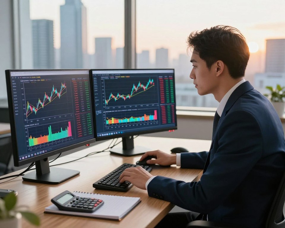 A professional looking financial analyst in business attire, seated at a sleek wooden desk surrounded by dual monitors displaying colorful graphs and charts of the S&P 500 index performance. In the foreground, there's a notepad and a calculator, indicating an active investment strategy session. The middle ground shows a large screen with a clear and vibrant visualization of the S&P 500 stock trends and key financial metrics. In the background, a window reveals a panoramic cityscape bathed in warm afternoon sunlight, creating a motivational atmosphere. Soft, natural light filters in, enhancing the focused determination on the analyst's face, reflecting the mood of strategic investing and analysis. The image should be captured from a slight angle to create depth and professionalism.