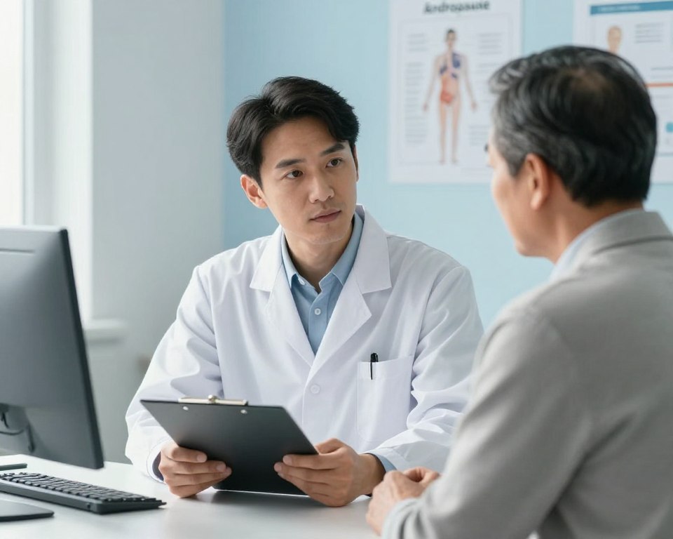 A professional male specialist in a well-lit medical office, dressed in a crisp white coat and holding a clipboard, engages in a thoughtful conversation with a middle-aged male patient sitting across from him. The background features medical diagrams related to andropause and a calming color palette of soft blues and whites, conveying a sense of trust and expertise. Natural light filters through a window, casting a warm glow on the scene. The focus should be on the facial expressions and body language of both men, capturing a moment of understanding and support. The atmosphere is professional yet empathetic, emphasizing the importance of diagnosis and specialist roles in men's health after 40. A professional male specialist in a well-lit medical office, dressed in a crisp white coat and holding a clipboard, engages in a thoughtful conversation with a middle-aged male patient sitting across from him. The background features medical diagrams related to andropause and a calming color palette of soft blues and whites, conveying a sense of trust and expertise. Natural light filters through a window, casting a warm glow on the scene. The focus should be on the facial expressions and body language of both men, capturing a moment of understanding and support. The atmosphere is professional yet empathetic, emphasizing the importance of diagnosis and specialist roles in men's health after 40.