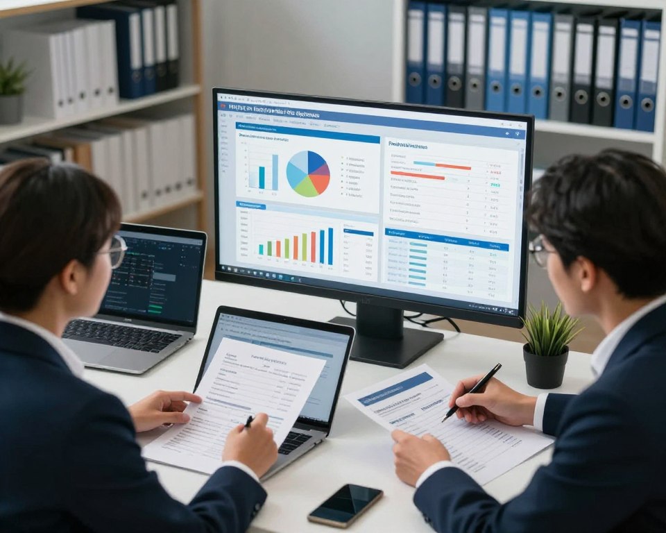 A professional office environment illustrating payroll and HR systems. In the foreground, a diverse group of three people in business attire are engaged in a discussion over documents and laptops, showcasing collaboration on wage calculations. The middle layer features a large digital screen displaying charts, graphs, and key performance indicators related to payroll processes, emphasizing systematic organization. In the background, there are shelves filled with HR books and binders, creating an atmosphere of knowledge and professionalism. The lighting is bright and focused on the workspace, creating a productive vibe. The angle is slightly elevated, providing a comprehensive view of the collaboration taking place. The overall mood is dynamic and encouraging, reflecting the importance of efficient payroll systems.