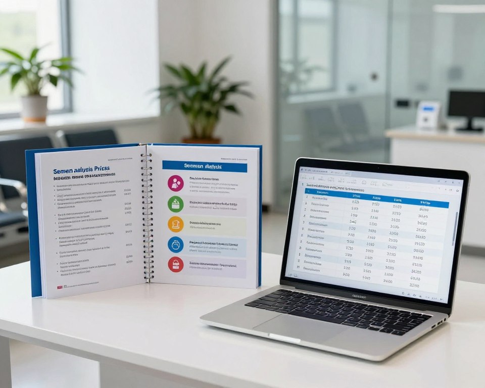 A professional setting displaying a comparison of semen analysis prices. In the foreground, a sleek, organized desk with an open laptop showing a chart of different semen analysis costs and services. To the left, a structured folder with brochures from various clinics, showcasing their offerings and prices. In the middle, an infographic comparing services offered, with colorful icons representing different tests and pricing tiers. In the background, a well-lit waiting room with potted plants, clinical decor, and a glass wall, creating an inviting yet professional atmosphere. Soft natural lighting illuminates the scene, emphasizing clarity and reliability, with a shallow depth of field focusing on the comparison elements. The mood is informative and reassuring, suitable for readers seeking guidance on semen analysis options. A professional setting displaying a comparison of semen analysis prices. In the foreground, a sleek, organized desk with an open laptop showing a chart of different semen analysis costs and services. To the left, a structured folder with brochures from various clinics, showcasing their offerings and prices. In the middle, an infographic comparing services offered, with colorful icons representing different tests and pricing tiers. In the background, a well-lit waiting room with potted plants, clinical decor, and a glass wall, creating an inviting yet professional atmosphere. Soft natural lighting illuminates the scene, emphasizing clarity and reliability, with a shallow depth of field focusing on the comparison elements. The mood is informative and reassuring, suitable for readers seeking guidance on semen analysis options.