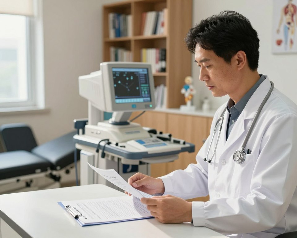 A professional urology and andrology clinic scene focusing on examinations and diagnostics. In the foreground, a male doctor in a white lab coat, with a stethoscope around his neck, attentively reviewing medical charts on a table. The middle ground features a high-tech diagnostic machine, displaying medical data, while a comfortable examination bed is visible nearby. In the background, shelves filled with medical textbooks and anatomical models create an educational atmosphere. The room is warmly lit with natural light coming through a window, casting soft shadows. The overall mood is clinical and reassuring, embodying professionalism and care, emphasizing the importance of urological health consultations. A professional urology and andrology clinic scene focusing on examinations and diagnostics. In the foreground, a male doctor in a white lab coat, with a stethoscope around his neck, attentively reviewing medical charts on a table. The middle ground features a high-tech diagnostic machine, displaying medical data, while a comfortable examination bed is visible nearby. In the background, shelves filled with medical textbooks and anatomical models create an educational atmosphere. The room is warmly lit with natural light coming through a window, casting soft shadows. The overall mood is clinical and reassuring, embodying professionalism and care, emphasizing the importance of urological health consultations.