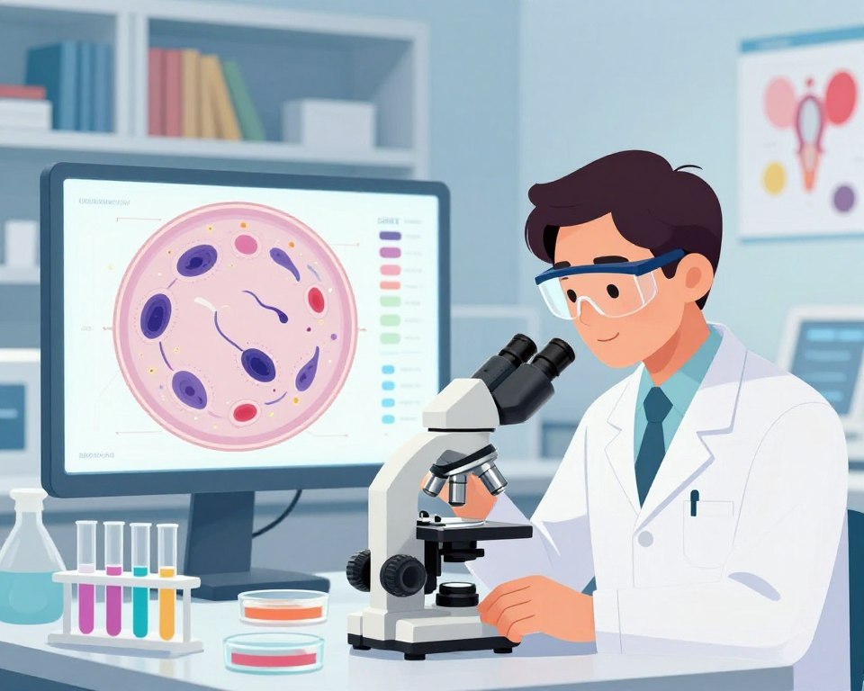 A scientifically-themed illustration depicting male fertility and sperm analysis, featuring a laboratory setting in the foreground. A confident male scientist in a white lab coat and safety goggles examines a microscope, surrounded by petri dishes and test tubes filled with biological samples. In the middle ground, a detailed close-up of a high-resolution spermiogram chart shows sperm motility and morphology in a clean, organized layout. The background consists of soft-focus shelves filled with research books and colorful charts on reproductive health. The lighting is bright and clinical, highlighting the professionalism of the environment with a slight blue tint to evoke a sense of trust and clarity. Overall, the atmosphere is focused and uplifting, reflecting the importance of understanding male fertility.