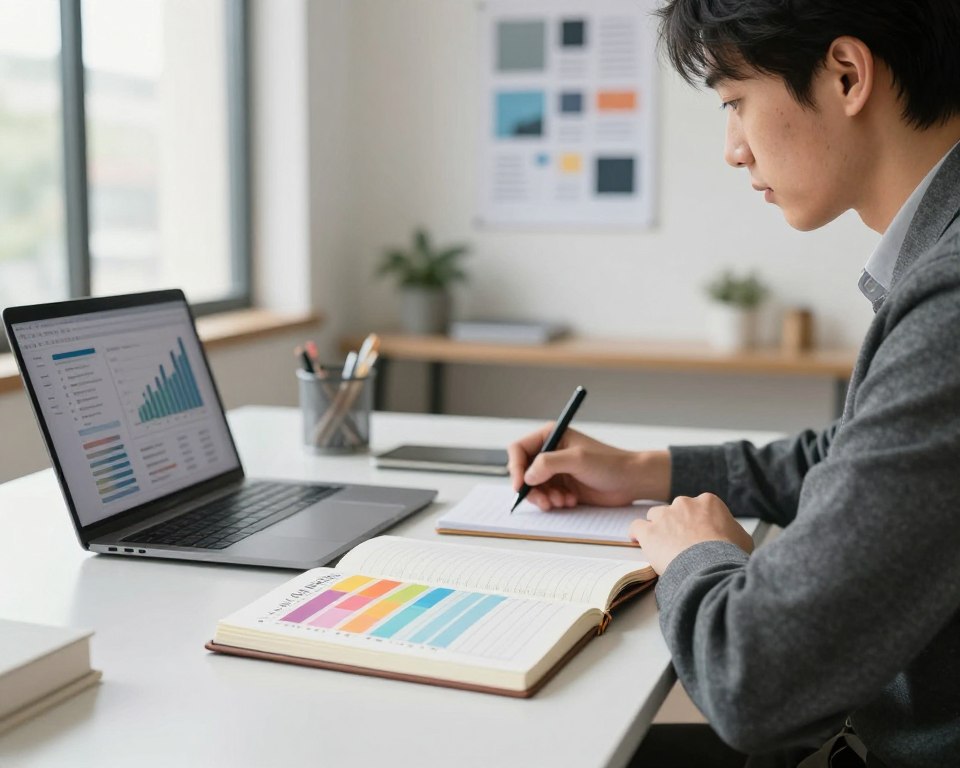 A serene and focused workspace illustrating the concept of time blocking in time management. In the foreground, a modern desk with an open planner displaying color-coded blocks for time management. A laptop with graphs and charts is present, showcasing productivity metrics. In the middle ground, a professional individual, dressed in smart casual attire, is deeply engaged in planning, writing notes, and reflecting. The background features a bright, well-lit office environment with inspirational posters about productivity and organization on the walls. Soft natural light filters through a large window, creating a calm and encouraging atmosphere. The composition emphasizes clarity, productivity, and focus, capturing the essence of effectively implementing the time blocking method. A serene and focused workspace illustrating the concept of time blocking in time management. In the foreground, a modern desk with an open planner displaying color-coded blocks for time management. A laptop with graphs and charts is present, showcasing productivity metrics. In the middle ground, a professional individual, dressed in smart casual attire, is deeply engaged in planning, writing notes, and reflecting. The background features a bright, well-lit office environment with inspirational posters about productivity and organization on the walls. Soft natural light filters through a large window, creating a calm and encouraging atmosphere. The composition emphasizes clarity, productivity, and focus, capturing the essence of effectively implementing the time blocking method.