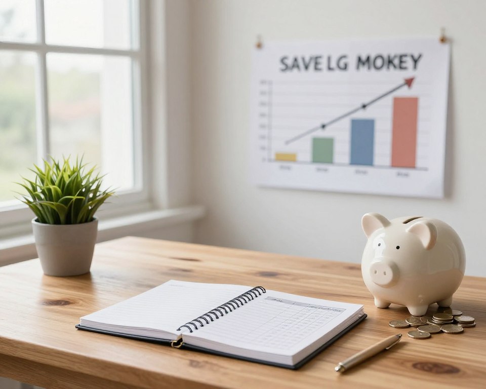 A serene and organized workspace focusing on the theme of saving money. In the foreground, a tidy wooden desk features a neatly arranged notebook with financial calculations, a green plant symbolizing growth, and a piggy bank partially filled with coins. The middle ground shows a wall-mounted chart illustrating a progressive savings plan. In the background, a large window reveals a bright day outside, inviting natural light that enhances the calm atmosphere. The scene conveys a sense of clarity and determination. Use soft lighting for a warm, welcoming feel, captured from a slightly elevated angle to emphasize the workspace. The overall mood is motivating and focused on financial discipline. A serene and organized workspace focusing on the theme of saving money. In the foreground, a tidy wooden desk features a neatly arranged notebook with financial calculations, a green plant symbolizing growth, and a piggy bank partially filled with coins. The middle ground shows a wall-mounted chart illustrating a progressive savings plan. In the background, a large window reveals a bright day outside, inviting natural light that enhances the calm atmosphere. The scene conveys a sense of clarity and determination. Use soft lighting for a warm, welcoming feel, captured from a slightly elevated angle to emphasize the workspace. The overall mood is motivating and focused on financial discipline.
