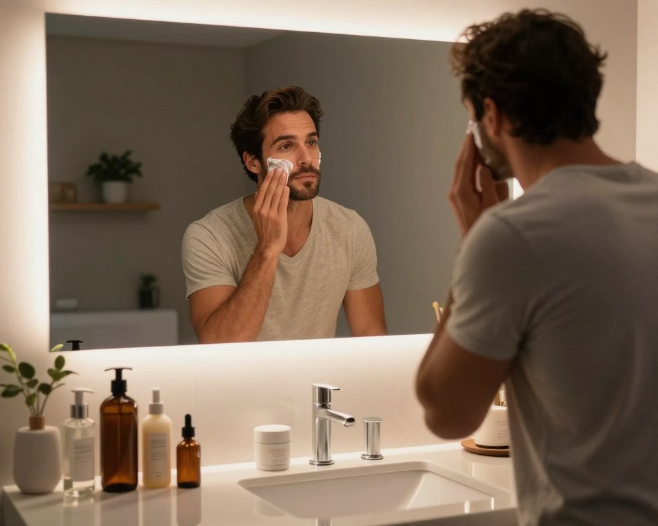 A serene bathroom scene at twilight, featuring a well-groomed man in modest loungewear, standing in front of a mirror during his nightly skincare routine. The foreground includes a stylish countertop adorned with various skincare products like lotions and serums, reflecting a sense of self-care. In the middle, the man tenderly applies a moisturizer to his face, with a focused expression, highlighting his commitment to a healthy routine. The background features soft ambient lighting from a backlit mirror, creating warm shadows and enhancing the tranquil atmosphere. There are subtle elements of nature, like a small plant on the shelf, contributing to a calming vibe. The overall mood is peaceful and restorative, inviting viewers to feel the calm of an evening ritual. A serene bathroom scene at twilight, featuring a well-groomed man in modest loungewear, standing in front of a mirror during his nightly skincare routine. The foreground includes a stylish countertop adorned with various skincare products like lotions and serums, reflecting a sense of self-care. In the middle, the man tenderly applies a moisturizer to his face, with a focused expression, highlighting his commitment to a healthy routine. The background features soft ambient lighting from a backlit mirror, creating warm shadows and enhancing the tranquil atmosphere. There are subtle elements of nature, like a small plant on the shelf, contributing to a calming vibe. The overall mood is peaceful and restorative, inviting viewers to feel the calm of an evening ritual.