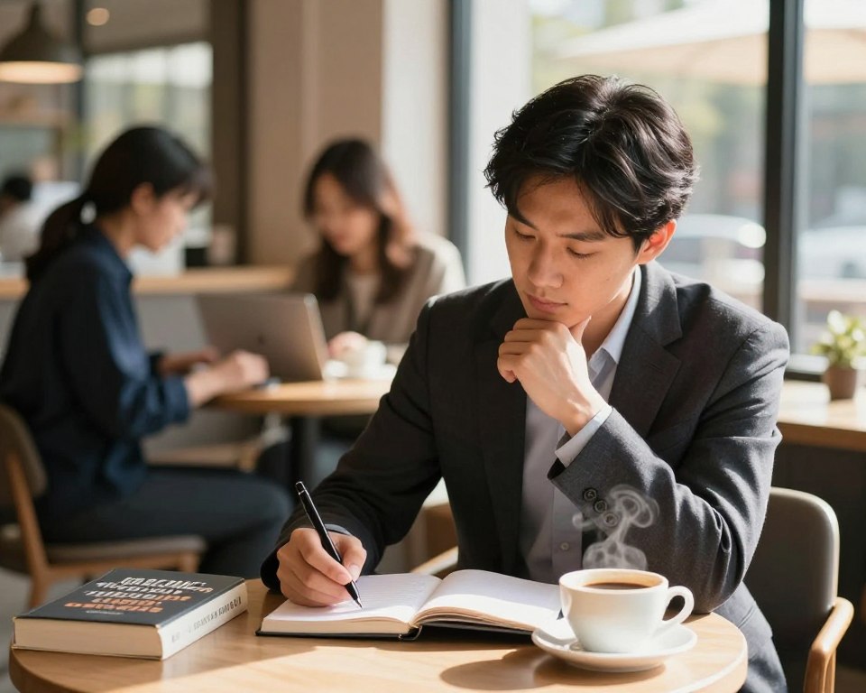A serene coffee shop setting with a professional individual engaging in self-reflection and self-control techniques. In the foreground, a well-dressed person sits at a table, intently writing in a planner, surrounded by motivational books and a steaming cup of coffee. The middle background features a soft, blurred view of other patrons working on their laptops, creating a productive atmosphere. Sunlight filters through large windows, casting warm, inviting light across the scene. The overall mood is focused yet calm, emphasizing discipline and personal growth in daily life. The angle captures the individual's thoughtful expression, highlighting their commitment to self-improvement. A serene coffee shop setting with a professional individual engaging in self-reflection and self-control techniques. In the foreground, a well-dressed person sits at a table, intently writing in a planner, surrounded by motivational books and a steaming cup of coffee. The middle background features a soft, blurred view of other patrons working on their laptops, creating a productive atmosphere. Sunlight filters through large windows, casting warm, inviting light across the scene. The overall mood is focused yet calm, emphasizing discipline and personal growth in daily life. The angle captures the individual's thoughtful expression, highlighting their commitment to self-improvement.