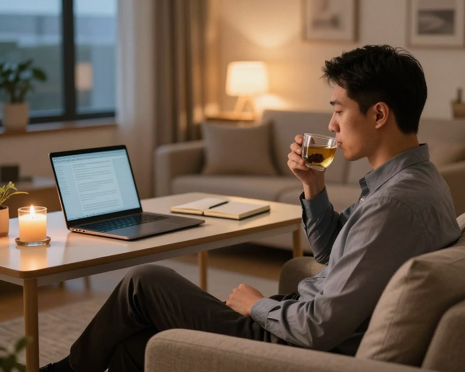A serene evening scene depicting a man engaging in his ideal nighttime routine. In the foreground, a well-dressed individual in smart casual attire sits comfortably on a cozy couch, sipping herbal tea. The middle layer features a well-organized workspace with a closed laptop, a journal, and a calming candle, suggesting reflection and winding down. The background showcases a softly lit modern living room with warm ambient lighting, enhancing a tranquil atmosphere. The window reveals a gentle twilight sky, signifying the end of the day. Use soft, warm tones to create a peaceful mood, with a focus on cozy details that evoke relaxation and closure, captured with a slight depth of field to invite viewers into the scene. A serene evening scene depicting a man engaging in his ideal nighttime routine. In the foreground, a well-dressed individual in smart casual attire sits comfortably on a cozy couch, sipping herbal tea. The middle layer features a well-organized workspace with a closed laptop, a journal, and a calming candle, suggesting reflection and winding down. The background showcases a softly lit modern living room with warm ambient lighting, enhancing a tranquil atmosphere. The window reveals a gentle twilight sky, signifying the end of the day. Use soft, warm tones to create a peaceful mood, with a focus on cozy details that evoke relaxation and closure, captured with a slight depth of field to invite viewers into the scene.