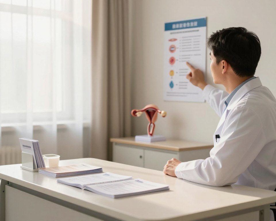 A serene medical clinic consultation room, softly illuminated with warm, natural light. In the foreground, a sleek, modern desk features neatly organized brochures about sperm analysis and fertility health. A professional-looking male or female doctor, dressed in a white lab coat, stands beside the desk, gesturing towards an informative chart on the wall that outlines the sperm analysis process. In the middle ground, an anatomical model of male reproductive health is displayed on a shelf, conveying a sense of education and professionalism. The background shows a window with light filtering through sheer curtains, creating an inviting and calming atmosphere. The overall mood is informative and reassuring, geared towards patients seeking clarity about semen analysis locations and clinics. A serene medical clinic consultation room, softly illuminated with warm, natural light. In the foreground, a sleek, modern desk features neatly organized brochures about sperm analysis and fertility health. A professional-looking male or female doctor, dressed in a white lab coat, stands beside the desk, gesturing towards an informative chart on the wall that outlines the sperm analysis process. In the middle ground, an anatomical model of male reproductive health is displayed on a shelf, conveying a sense of education and professionalism. The background shows a window with light filtering through sheer curtains, creating an inviting and calming atmosphere. The overall mood is informative and reassuring, geared towards patients seeking clarity about semen analysis locations and clinics.