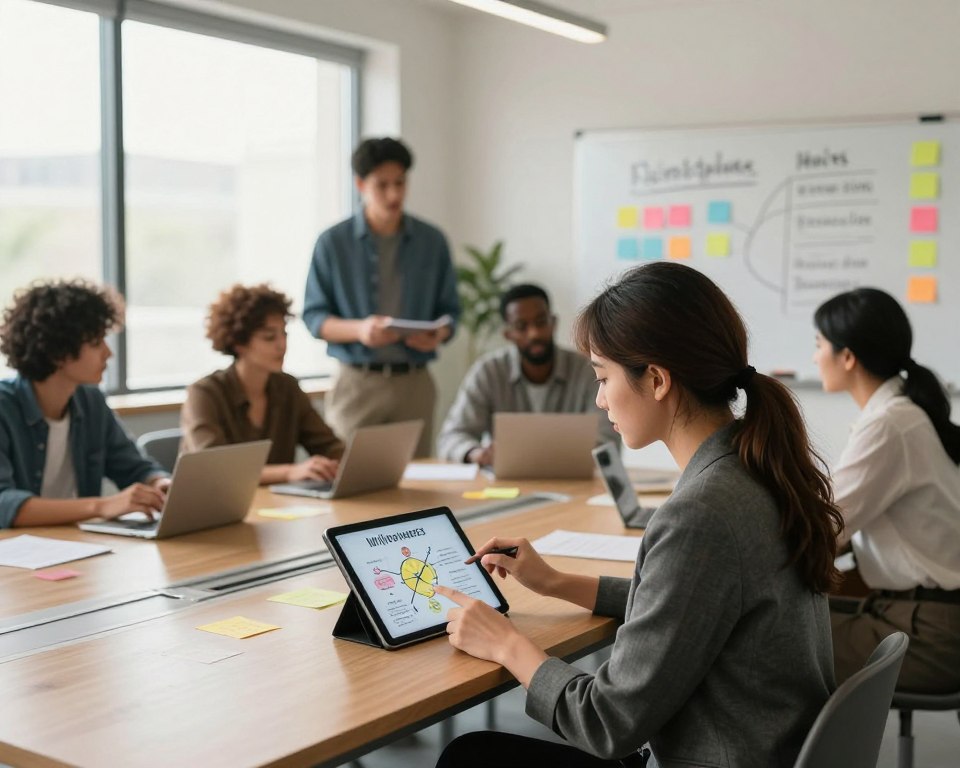 A serene office environment featuring a diverse group of individuals engaged in a brainstorming session about willpower strategies and habit formation. In the foreground, a focused woman in professional attire analyzes a chart on a digital tablet, highlighting the intersection of willpower and habits. In the middle, a collaborative blend of ideas, with colorful post-it notes and whiteboard drawings illustrating concepts of discipline and motivation. The background shows a large window with soft natural lighting illuminating the space, creating a warm and inspiring atmosphere. The overall mood is one of empowerment and innovation, emphasizing teamwork and strategy in personal growth, captured in a wide-angle perspective to encompass the dynamic interaction. A serene office environment featuring a diverse group of individuals engaged in a brainstorming session about willpower strategies and habit formation. In the foreground, a focused woman in professional attire analyzes a chart on a digital tablet, highlighting the intersection of willpower and habits. In the middle, a collaborative blend of ideas, with colorful post-it notes and whiteboard drawings illustrating concepts of discipline and motivation. The background shows a large window with soft natural lighting illuminating the space, creating a warm and inspiring atmosphere. The overall mood is one of empowerment and innovation, emphasizing teamwork and strategy in personal growth, captured in a wide-angle perspective to encompass the dynamic interaction.
