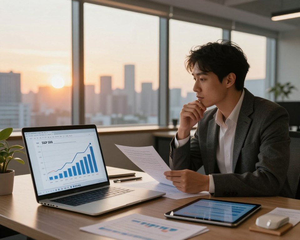 A serene office environment showcasing a well-organized workspace. In the foreground, a sleek laptop displays a graph illustrating the upward trend of the S&P 500 index, surrounded by financial papers and a digital tablet. In the middle ground, a business professional in smart casual attire is thoughtfully analyzing investment strategies, looking engaged and focused. The background features a large window with a distant view of a bustling city skyline during sunset, casting a warm, golden light into the room. The atmosphere is calm yet energizing, reflecting the optimism of investing in the S&P 500. The lighting is soft but illuminating, enhancing the professionalism of the scene while maintaining a vibrant and inviting ambiance.