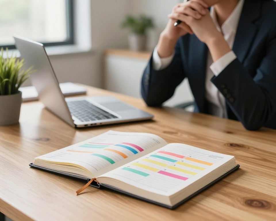 A serene workspace featuring a sleek wooden desk arranged for productivity. In the foreground, a well-organized planner opened to a weekly layout, showcasing colorful time blocks representing tasks and meetings. There’s a laptop on the desk, with a potted plant adding a touch of greenery. In the middle ground, a focused professional wearing smart business attire is planning their week, pen in hand, deep in thought. The background reveals a minimalistic office with soft natural light streaming through a window, creating a warm and motivating atmosphere. The overall mood is calm and inspiring, emphasizing effective time management through the time blocking method. Use a soft-focus lens effect for a dreamy look, with warm lighting to enhance the inviting feel of the workspace. A serene workspace featuring a sleek wooden desk arranged for productivity. In the foreground, a well-organized planner opened to a weekly layout, showcasing colorful time blocks representing tasks and meetings. There’s a laptop on the desk, with a potted plant adding a touch of greenery. In the middle ground, a focused professional wearing smart business attire is planning their week, pen in hand, deep in thought. The background reveals a minimalistic office with soft natural light streaming through a window, creating a warm and motivating atmosphere. The overall mood is calm and inspiring, emphasizing effective time management through the time blocking method. Use a soft-focus lens effect for a dreamy look, with warm lighting to enhance the inviting feel of the workspace.