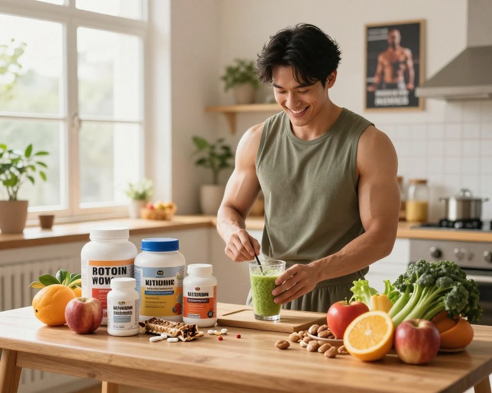 A vibrant and informative image focusing on muscle recovery through supplementation and diet. In the foreground, a well-organized table displays a variety of dietary supplements, such as protein powders, vitamins, and energy bars, alongside fresh foods like fruits, nuts, and vegetables. In the middle ground, a smiling, athletic individual in casual workout attire is preparing a smoothie with ingredients on the table, emphasizing healthy living. The background features a bright, sunlit kitchen with large windows, plants, and motivational posters related to fitness. Soft, warm lighting enhances the inviting atmosphere, and the overall mood is one of positivity and empowerment, celebrating the importance of nutrition in muscle recovery.