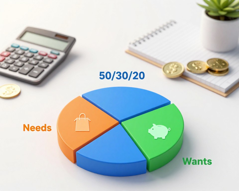 A visually appealing infographic illustrating the concept of dividing income into three categories, using a pie chart or segmented bar graph. In the foreground, a detailed pie chart shows the 50/30/20 rule with vibrant colors: blue for needs, orange for wants, and green for savings. Each segment is labeled with icons, like a house for needs, a shopping bag for wants, and a piggy bank for savings. In the middle ground, subtle financial elements like calculator, notepads, and coins are arranged neatly, conveying a sense of organization. The background features a light, professional color gradient that enhances readability. The lighting is bright and inviting, resembling a well-lit office environment, creating an atmosphere of clarity and focus. The composition invites viewers to engage with the financial strategy visually.