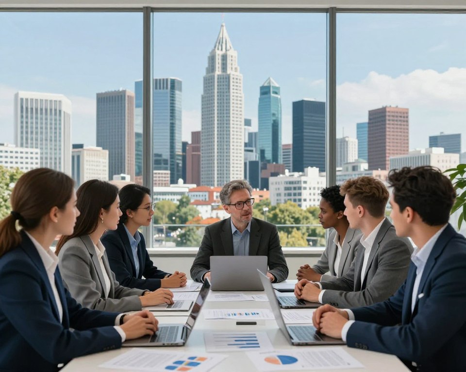 A visually engaging depiction of financial independence strategies in Poland, showcasing a modern urban landscape. In the foreground, a group of diverse individuals, dressed in professional business attire, are engaged in a brainstorming session around a sleek table filled with financial documents and laptops. In the middle, a large glass window reveals a vibrant city skyline with notable Polish landmarks, symbolizing opportunity and growth. The background features a clear blue sky, hinting at a bright future. Soft, natural lighting permeates the scene, creating an inviting and productive atmosphere. The mood is one of collaboration and aspiration, embodying the spirit of financial freedom and strategic planning. A visually engaging depiction of financial independence strategies in Poland, showcasing a modern urban landscape. In the foreground, a group of diverse individuals, dressed in professional business attire, are engaged in a brainstorming session around a sleek table filled with financial documents and laptops. In the middle, a large glass window reveals a vibrant city skyline with notable Polish landmarks, symbolizing opportunity and growth. The background features a clear blue sky, hinting at a bright future. Soft, natural lighting permeates the scene, creating an inviting and productive atmosphere. The mood is one of collaboration and aspiration, embodying the spirit of financial freedom and strategic planning.