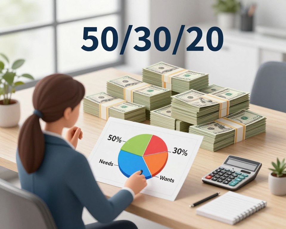 A visually engaging illustration depicting the 50/30/20 rule for budgeting. In the foreground, a professional woman in modest business attire, seated at a stylish desk, is thoughtfully examining a colorful pie chart divided into three segments: 50% for needs, 30% for wants, and 20% for savings. In the middle ground, stacks of currency are organized in neat piles next to a calculator, symbolizing the budgeting process. The background features a modern office environment with soft natural lighting filtering through large windows, creating a calm and focused atmosphere. The composition should emphasize organization and clarity, capturing the essence of effective financial planning, while evoking a sense of professionalism and determination.
