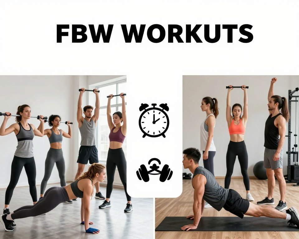 A visually engaging image illustrating the differences between Full Body Workouts (FBW) and Split Training methods. In the foreground, depict two contrasting workout setups: one side showcasing a diverse group of individuals engaging in a full-body workout, featuring various exercises targeting multiple muscle groups, all dressed in professional activewear. The other side should display individuals performing split workouts, focusing on specific muscle groups like chest, back, and legs, each in stylish athletic attire. In the middle ground, include icons or symbols representing key elements of each method, such as a clock for workout duration and weights for intensity. In the background, create a bright, energetic gym environment with natural lighting, emphasizing a motivational atmosphere. The overall mood should be dynamic and informative, perfectly reflecting the subject matter. A visually engaging image illustrating the differences between Full Body Workouts (FBW) and Split Training methods. In the foreground, depict two contrasting workout setups: one side showcasing a diverse group of individuals engaging in a full-body workout, featuring various exercises targeting multiple muscle groups, all dressed in professional activewear. The other side should display individuals performing split workouts, focusing on specific muscle groups like chest, back, and legs, each in stylish athletic attire. In the middle ground, include icons or symbols representing key elements of each method, such as a clock for workout duration and weights for intensity. In the background, create a bright, energetic gym environment with natural lighting, emphasizing a motivational atmosphere. The overall mood should be dynamic and informative, perfectly reflecting the subject matter.