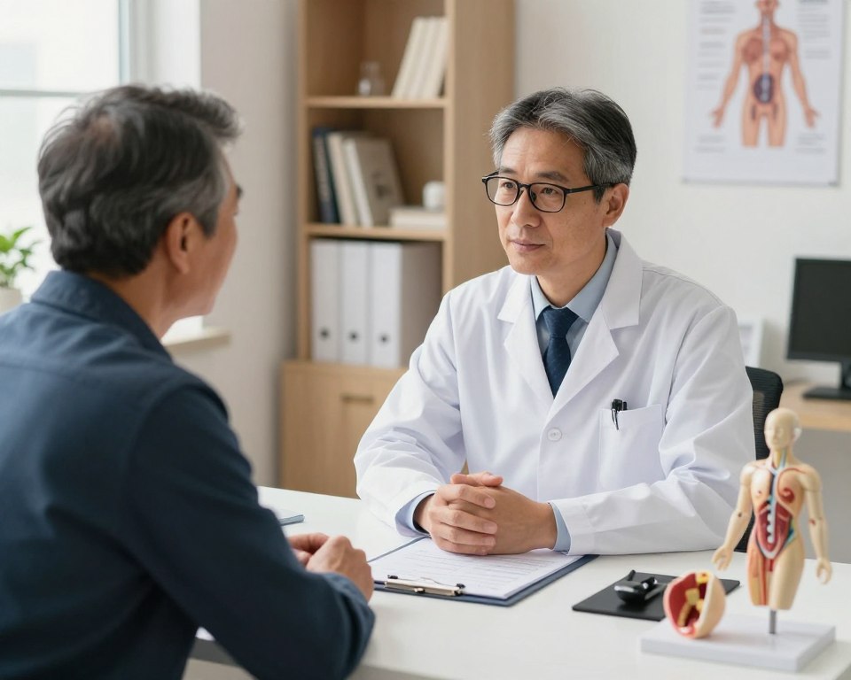 A well-lit medical consultation room, showcasing a professional andrologist engaging with a middle-aged male patient. The andrologist, wearing a crisp white lab coat and glasses, conveys a sense of trust and expertise. The patient, dressed in smart casual clothing, appears attentive and open. The foreground features a desk with medical charts and anatomical models related to male health, symbolizing the focus on intimate health. In the background, shelves filled with medical books and posters about men's health provide context. Soft, natural lighting comes from a window, creating a warm and inviting atmosphere, while the camera angle offers a slightly elevated perspective to emphasize the interaction. The overall mood is reassuring and professional, reflecting the importance of male intimate health care. A well-lit medical consultation room, showcasing a professional andrologist engaging with a middle-aged male patient. The andrologist, wearing a crisp white lab coat and glasses, conveys a sense of trust and expertise. The patient, dressed in smart casual clothing, appears attentive and open. The foreground features a desk with medical charts and anatomical models related to male health, symbolizing the focus on intimate health. In the background, shelves filled with medical books and posters about men's health provide context. Soft, natural lighting comes from a window, creating a warm and inviting atmosphere, while the camera angle offers a slightly elevated perspective to emphasize the interaction. The overall mood is reassuring and professional, reflecting the importance of male intimate health care.